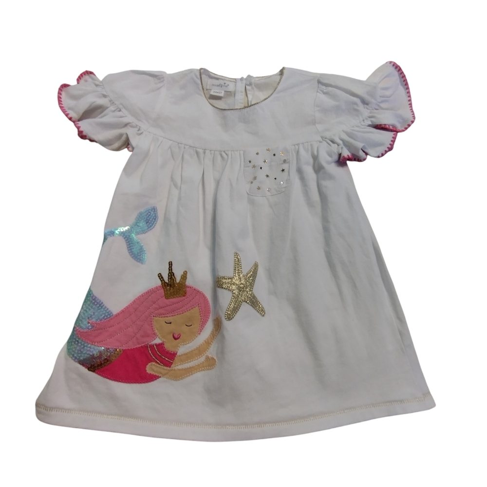 EUC Mud Pie White Dress with Mermaid and Starfish Design Sequence 24M/2T
